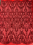Heart Shape Sequins Fabric - Red - 4 Way Stretch Sequins Damask Fabric By Yard