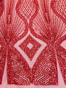 Zig Zag Lines Diamond Shape Fabric - Red - Embroidered Glamorous Design on Mesh Sold By The Yard