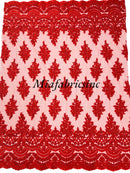 Flower Cluster Beaded Fabric - Red - Embroidered Beaded Layered Border Fabric Sold By Yard