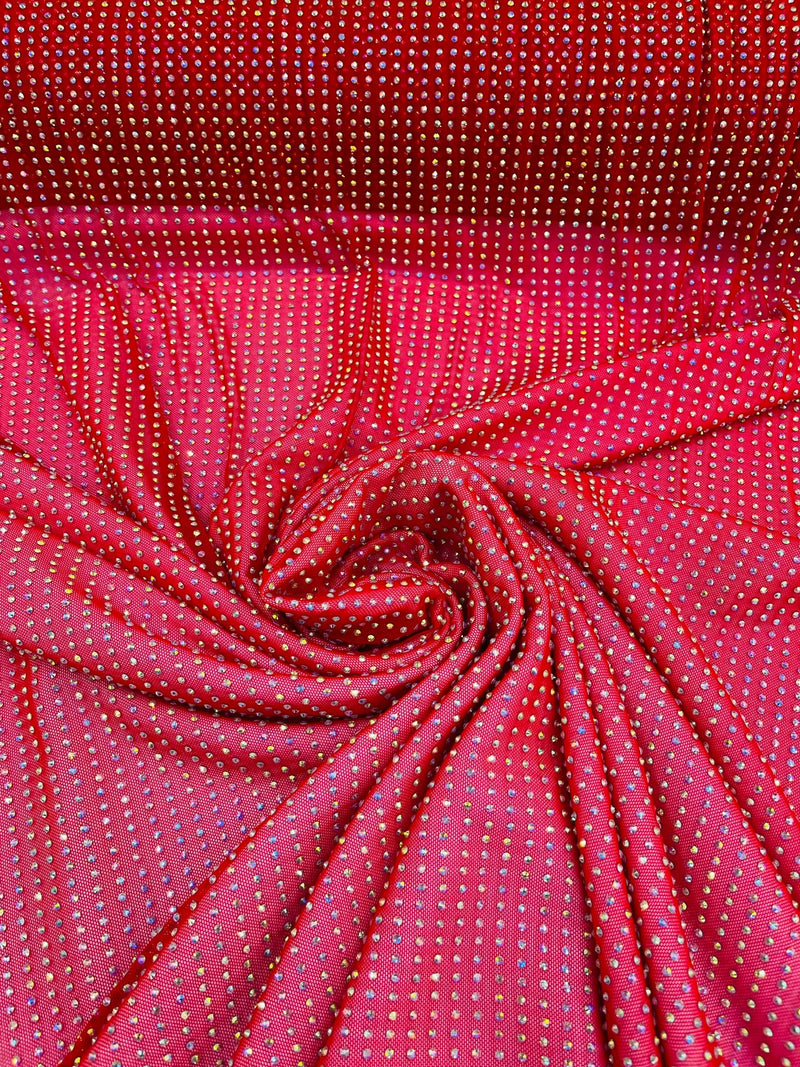 Rhinestones Power Mesh Fabric - Red - 4 Way Stretch Power Mesh Crystal RhineStones Sold by Yard