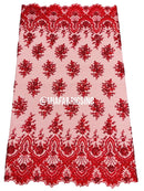 Floral Cluster Beaded Fabric - Red - Embroidered Fancy Fashion Design Beads and Sequins Sold by yard