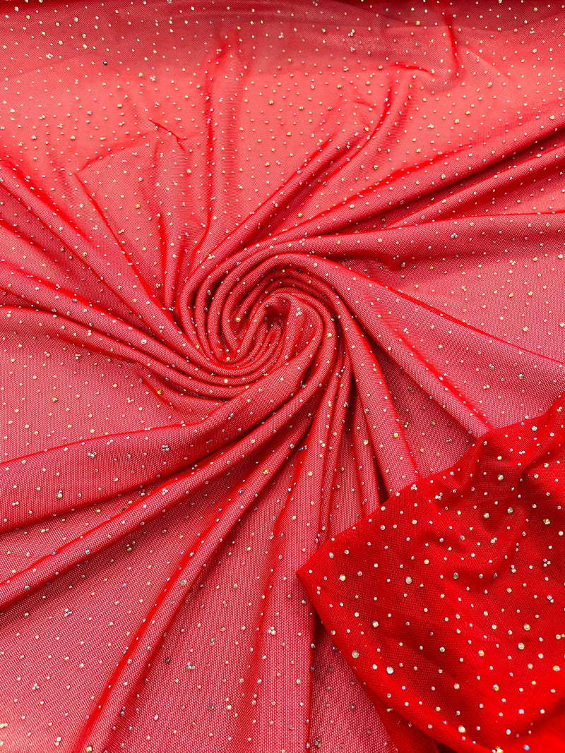 Power Mesh Polyester Rhinestones Fabric - Red - 4 Way Stretch Mesh Fabric Sold by Yard