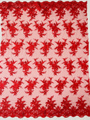 Plant Cluster Sequins Design - Red  - Flower Sequins Embroidered Design on Tulle Sold By Yard