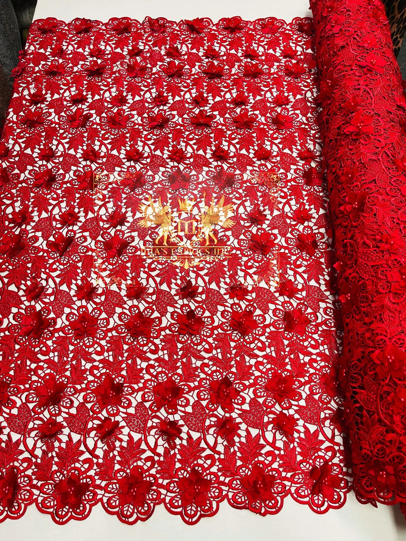 Guipure Lace Fabric - Red - Floral Bridal Guipure Lace with Pearls Sold by the Yard