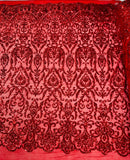 Damask Fancy Pattern Fabric - Red - 4 Way Stretch Sequins Prom Design By Yard
