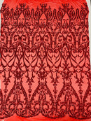 Heart Shape Sequins Fabric - Red - 4 Way Stretch Sequins Damask Fabric By Yard