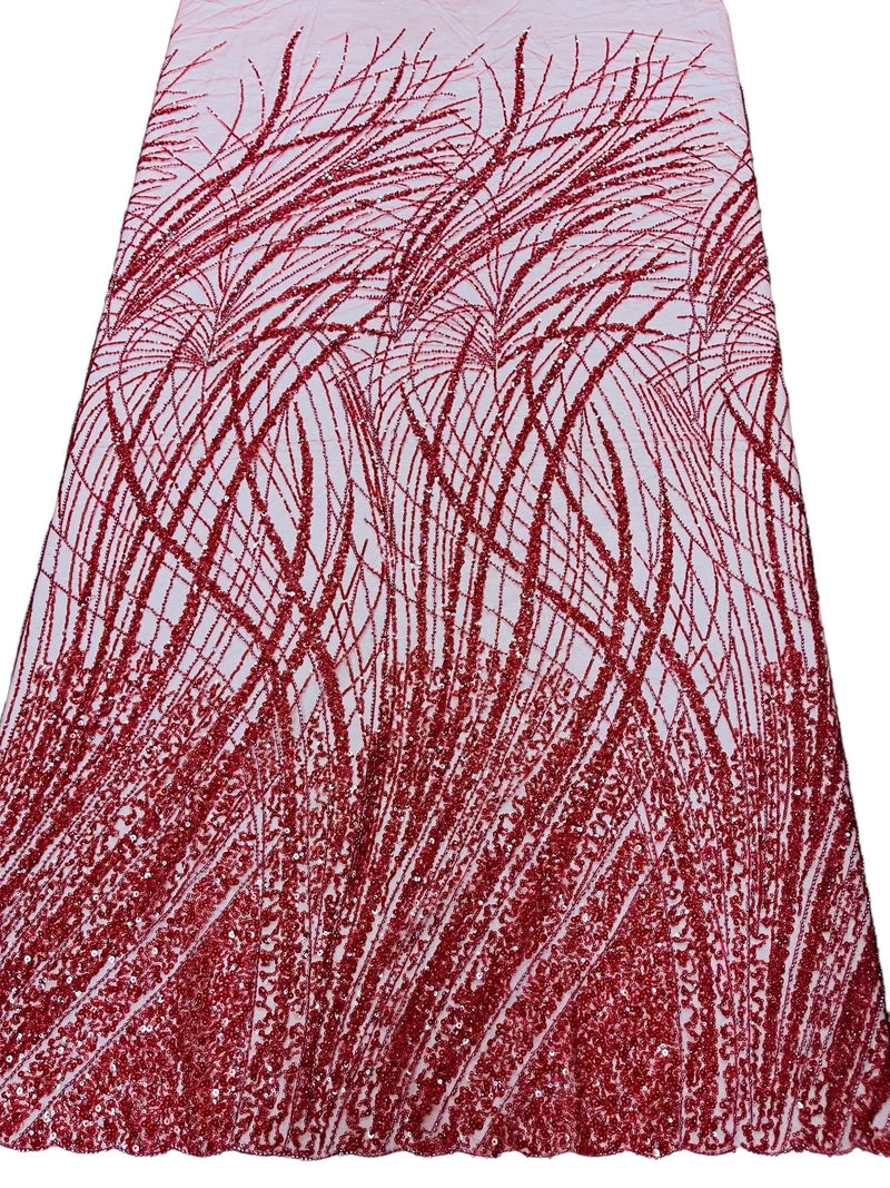 Wild Grass Beaded Fabric - Red - Embroidered Wavy Grass Pattern Fabric Sold By Yard