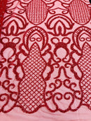 Fashion Design Bead Damask Fabric - Red  - Embroidered Elegant Design on Mesh Sold By The Yard