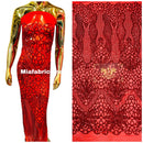 Floral Star Leaf Design - Red - 4 Way Stretch Sequin Floral Design on Mesh By Yard