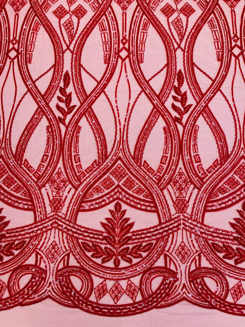 Fancy Beaded Design Fabric - Red - Wavy Pattern and Embroidered Beads Fabric Sold By Yard