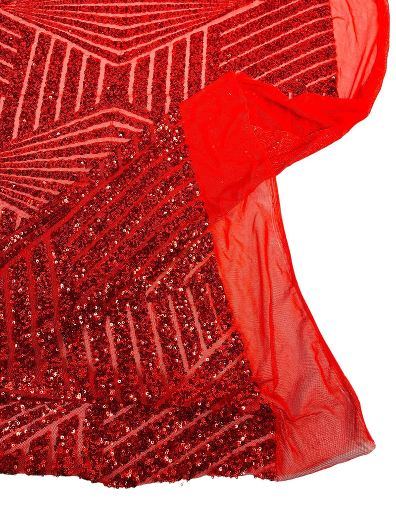 Geometric Line Design - Red - Geometric Design Line Sequins on Mesh Sold By Yard