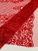 Elegant Damask Beaded Fabric - Red - Embroidered Floral Damask Net Fabric Sold By Yard