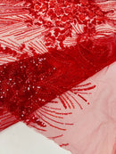 Flower Lines Fashion Design Fabric - Red - Embroidered Floral Beads and Sequins Sold By Yard