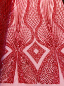 Zig Zag Lines Diamond Shape Fabric - Red - Embroidered Glamorous Design on Mesh Sold By The Yard
