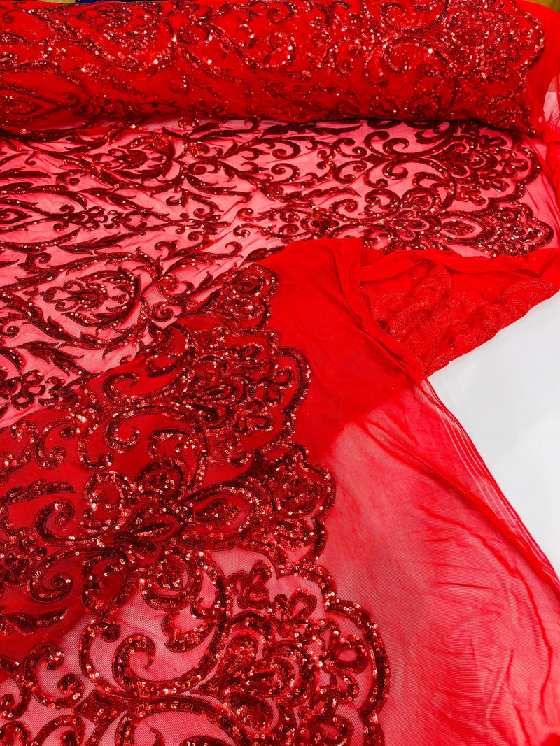 Damask Fancy Pattern Fabric - Red - 4 Way Stretch Sequins Prom Design By Yard