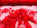 3D Rose Plant Fabric - Red - Embroidered Flower Design Rose Fabric Sold by Yard
