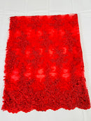 Floral Cluster Lace Fabric - Red - Embroidered Flowers With Sequins on a Mesh Lace Fabric Sold By Yard