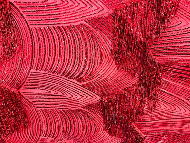 Fringe Sequins Design - Red - Fringe Design Embroidered on a  4 Way Stretch Lace Mesh (Pick A Size)