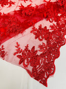 Plant Cluster Sequins Design - Red  - Flower Sequins Embroidered Design on Tulle Sold By Yard