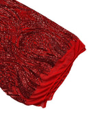 Long Wavy Line Design Sequins - Red - 4 Way Stretch Sequin Design on Mesh Fabric By Yard