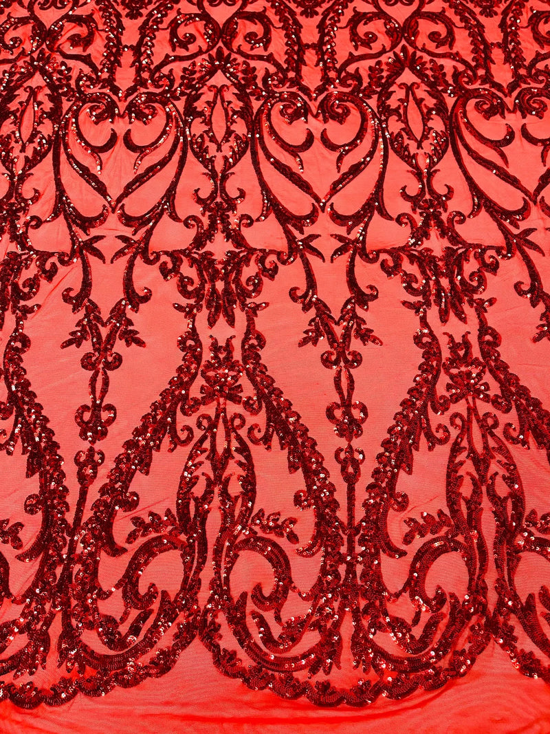 Heart Shape Sequins Fabric - Red - 4 Way Stretch Sequins Damask Fabric By Yard
