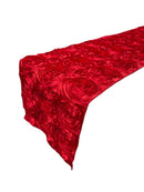 Rosette Design Table Runner - Red - 12" x 90" Satin Rosette Table Runner