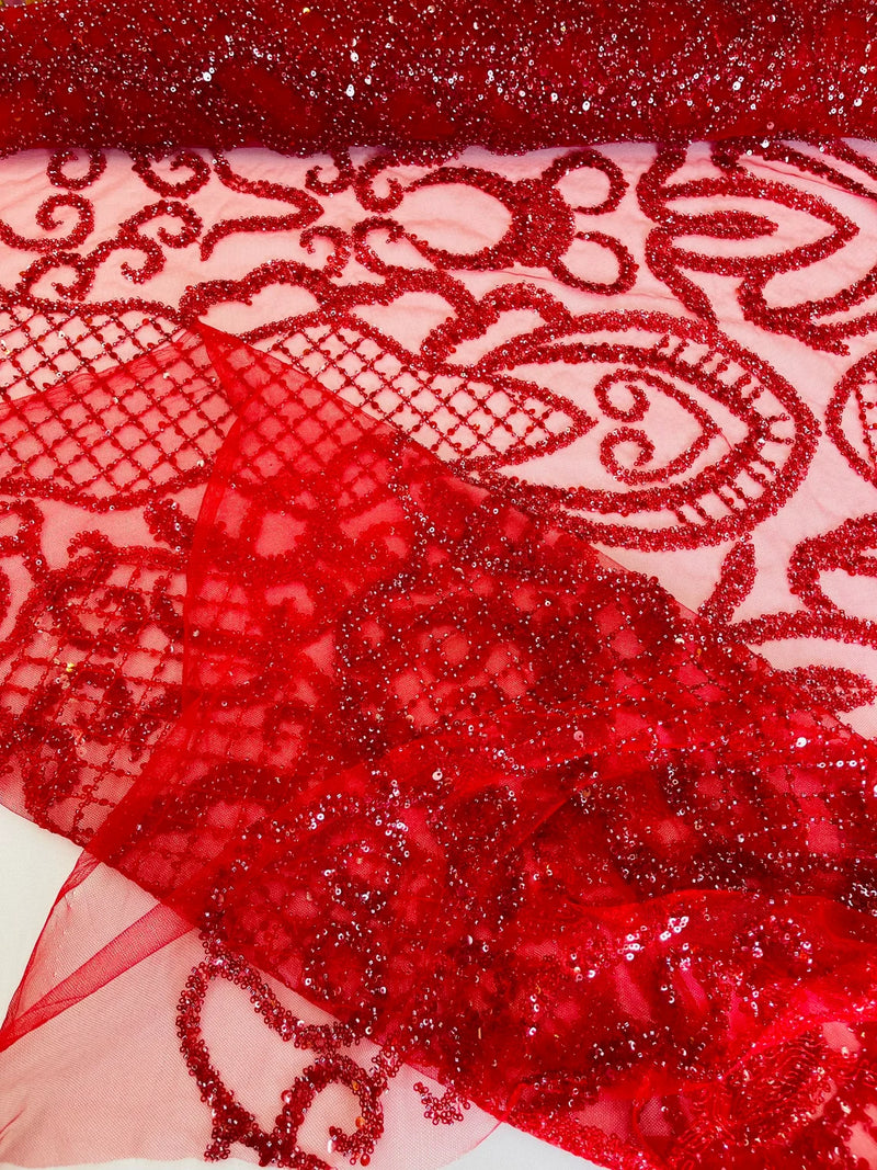 Fashion Design Bead Damask Fabric - Red  - Embroidered Elegant Design on Mesh Sold By The Yard