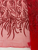 Sea Plant Beaded Fabric - Red - Beaded Embroidered Sea Plant Design Fabric by Yar