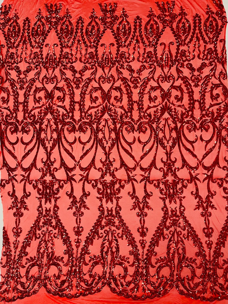 Heart Shape Sequins Fabric - Red - 4 Way Stretch Sequins Damask Fabric By Yard