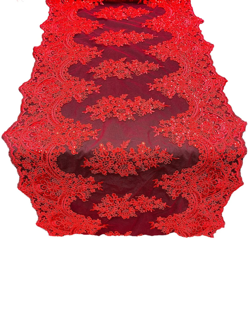21" Wide Floral Metallic Pattern Lace Table Runner - Red - Metallic Table Runner Sold By Yard