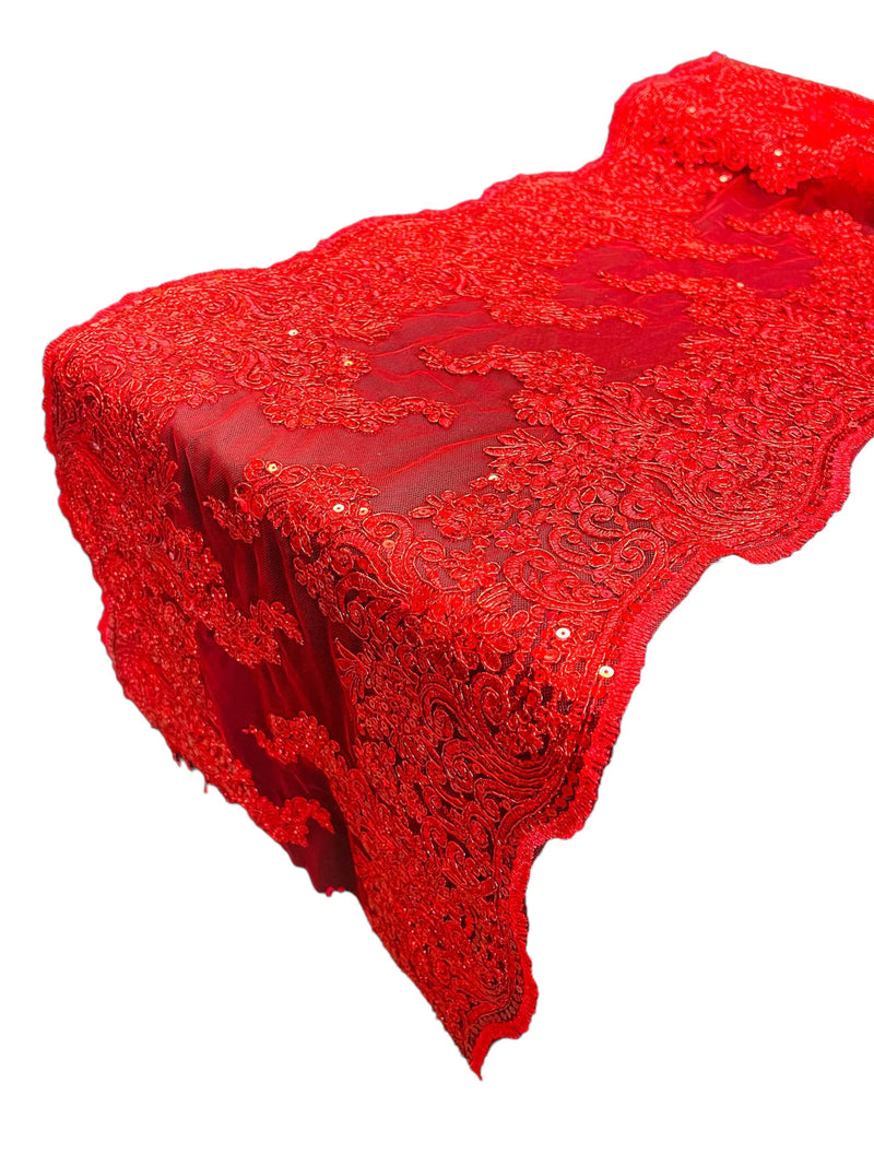 14" Metallic Floral Pattern Lace Table Runner - Red - Floral Table Runner for Event Decoration