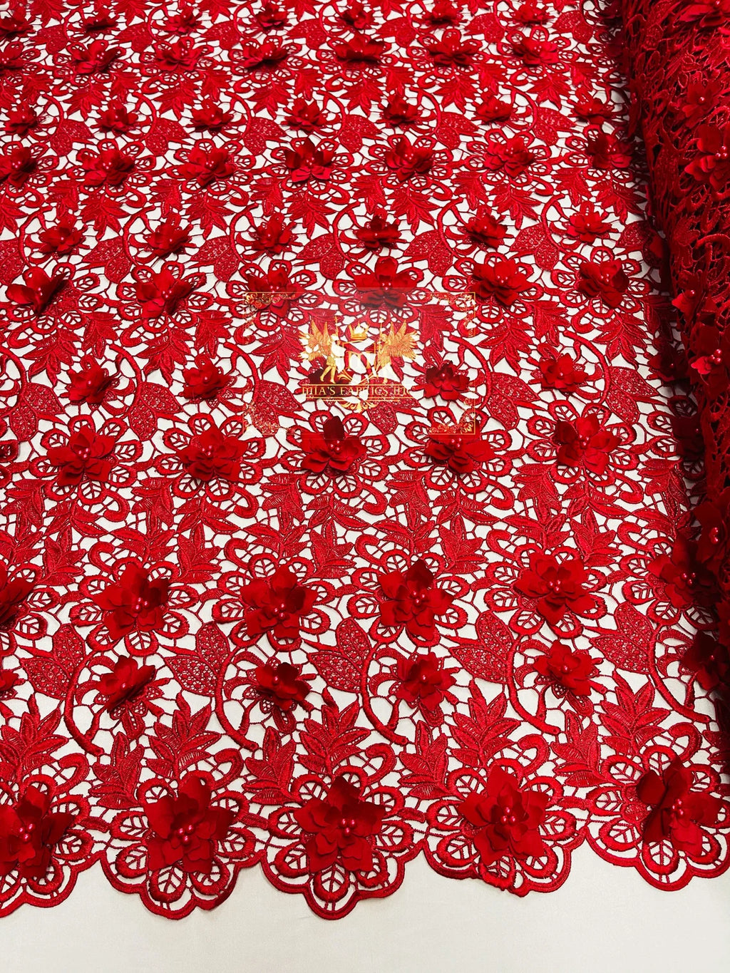 Guipure Lace Fabric - Red - Floral Bridal Guipure Lace with Pearls Sol