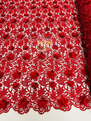 Guipure Lace Fabric - Red - Floral Bridal Guipure Lace with Pearls Sold by the Yard