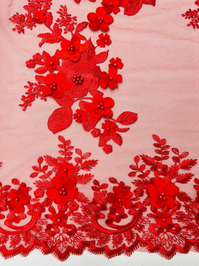 3D Rose Plant Fabric - Red - Embroidered Flower Design Rose Fabric Sold by Yard