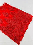 Flower Cluster Beaded Fabric - Red - Embroidered Beaded Layered Border Fabric Sold By Yard