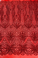 Floral Star Leaf Design - Red - 4 Way Stretch Sequin Floral Design on Mesh By Yard