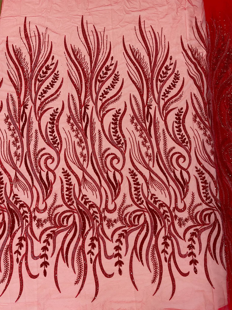 Sea Plant Beaded Fabric - Red - Beaded Embroidered Sea Plant Design Fabric by Yar