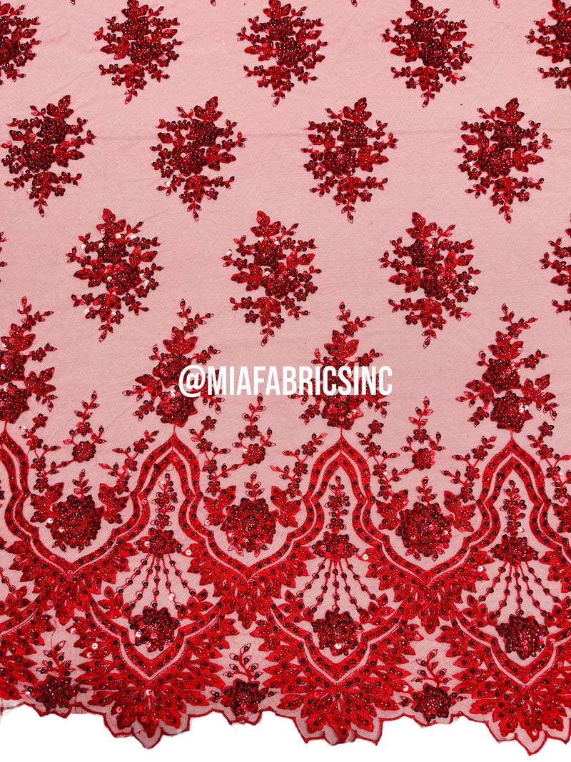 Floral Cluster Beaded Fabric - Red - Embroidered Fancy Fashion Design Beads and Sequins Sold by yard