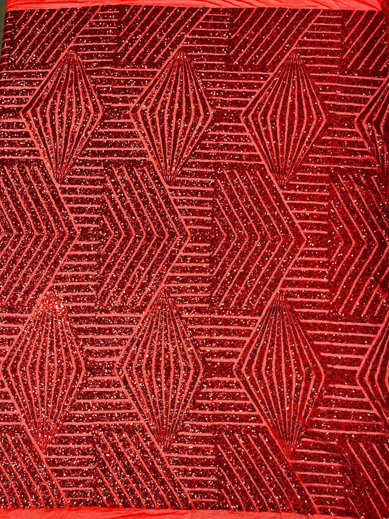 Geometric Line Design - Red - Geometric Design Line Sequins on Mesh Sold By Yard