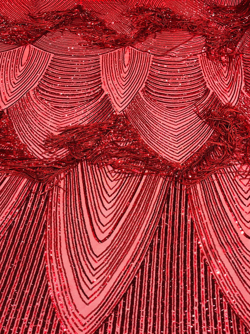 Fringe Sequins Design - Red - Fringe Design Embroidered on a  4 Way Stretch Lace Mesh (Pick A Size)