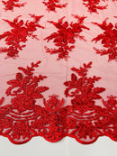 Plant Cluster Sequins Design - Red  - Flower Sequins Embroidered Design on Tulle Sold By Yard