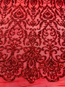 Damask Fancy Pattern Fabric - Red - 4 Way Stretch Sequins Prom Design By Yard