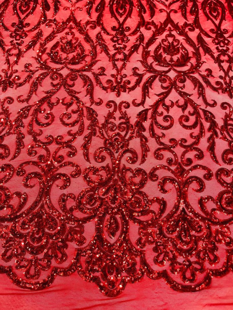 Damask Fancy Pattern Fabric - Red - 4 Way Stretch Sequins Prom Design By Yard