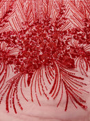 Flower Lines Fashion Design Fabric - Red - Embroidered Floral Beads and Sequins Sold By Yard