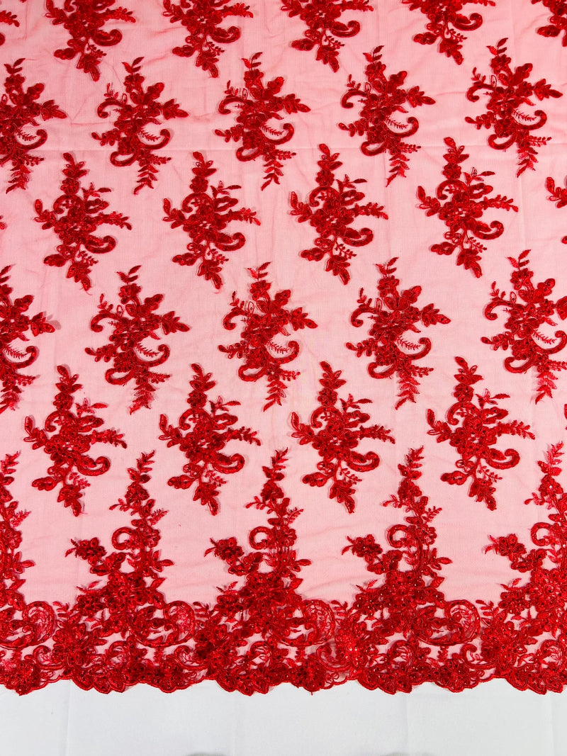 Floral Cluster Lace Fabric - Red - Embroidered Flowers With Sequins on a Mesh Lace Fabric Sold By Yard