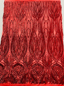 Long Wavy Line Design Sequins - Red - 4 Way Stretch Sequin Design on Mesh Fabric By Yard