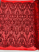 Heart Shape Sequins Fabric - Red - 4 Way Stretch Sequins Damask Fabric By Yard