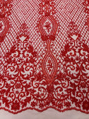Elegant Damask Beaded Fabric - Red - Embroidered Floral Damask Net Fabric Sold By Yard