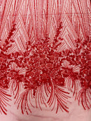Flower Lines Fashion Design Fabric - Red - Embroidered Floral Beads and Sequins Sold By Yard