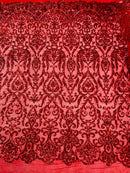 Damask Fancy Pattern Fabric - Red - 4 Way Stretch Sequins Prom Design By Yard